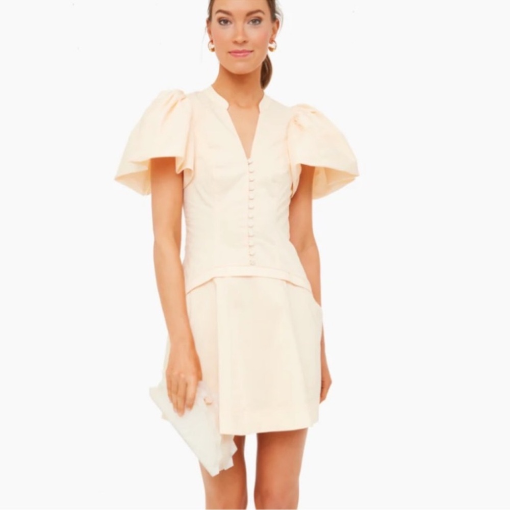 NEW Almond Bessie Ruched Poplin Puff Sleeve Mini Dress SIMKHAI